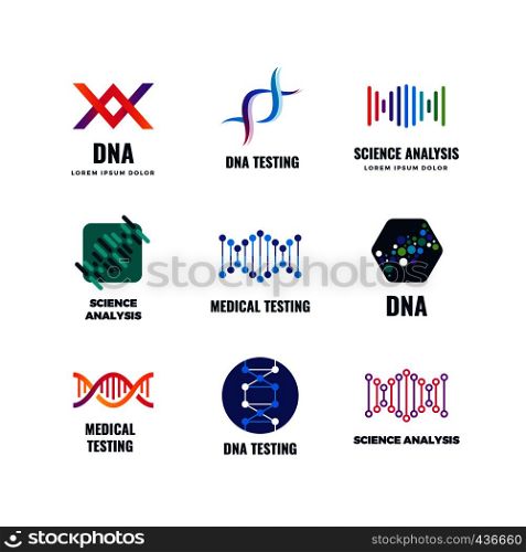 Dna code biotech vector science genetics logo. Helix molecule biotechnology emblems with dna gene spiral, biotechnology genome chromosome. Vector illustration. Dna code biotech vector science genetics logo. Helix molecule biotechnology emblems