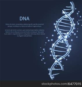 DNA Code Structure Icon Vector Illustration Vector. DNA code structure with chromosomes radiate light white glow. Vector illustration of gene code icon isolated on dark blue background with text