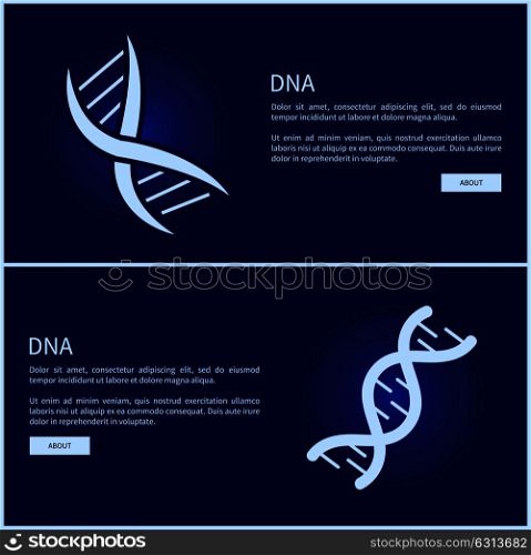DNA collection of web pages, internet sites with image of DNA and text sample with headline, buttons and light vector illustration isolated on blue. DNA Collection of Web Pages Vector Illustration