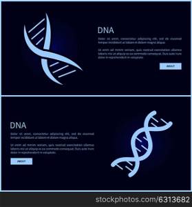 DNA collection of web pages, internet sites with image of DNA and text sample with headline, buttons and light vector illustration isolated on blue. DNA Collection of Web Pages Vector Illustration
