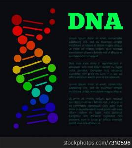 DNA colorful sign on poster with place for text, deoxyribonucleic DNA acid chain carrying genetic instructions used in functioning and reproduction vector. DNA Deoxyribonucleic Acid Chain Nucleotides Poster