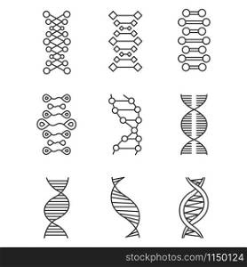 DNA double helix linear icons set. Deoxyribonucleic, nucleic acid. Molecular biology. Genetic code. Genetics. Thin line contour symbols. Isolated vector outline illustrations. Editable stroke