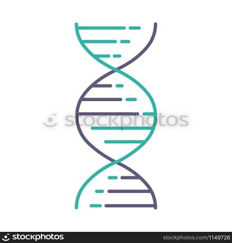 DNA double helix violet and turquoise color icon. Deoxyribonucleic, nucleic acid structure. Spiraling strands. Chromosome. Molecular biology. Genetic code. Genome. Isolated vector illustration