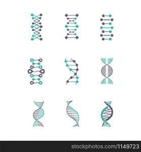 DNA double helix violet and turquoise color icons set. Deoxyribonucleic, nucleic acid structure. Chromosome. Molecular biology. Genetic code. Genome. Genetics. Medicine. Isolated vector illustrations