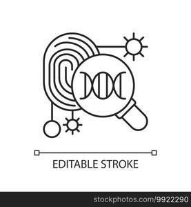 DNA fingerprinting linear icon. Forensic imprint scan. Genetic engineering experiment. DNA data. Thin line customizable illustration. Contour symbol. Vector isolated outline drawing. Editable stroke. DNA fingerprinting linear icon