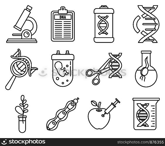 Dna genetic engineering icons set. Outline set of dna genetic engineering vector icons for web design isolated on white background. Dna genetic engineering icons set, outline style