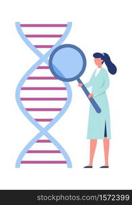 DNA genetic engineering. Laboratory research biotechnology concept. Woman medical or laboratory worker holding magnifier glass and checking dna wireframe structure vector illustration. DNA genetic engineering. Laboratory research biotechnology concept. Woman medical or laboratory worker