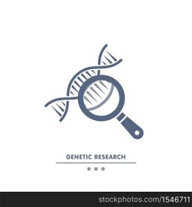 DNA, genetics research. dna chain in magnifying glass sign. genetic engineering, cloning, paternity testing, DNA analysis. vector illustrationicon. DNA, genetics research. dna chain in magnifying glass sign. genetic engineering, cloning, paternity testing, DNA analysis.