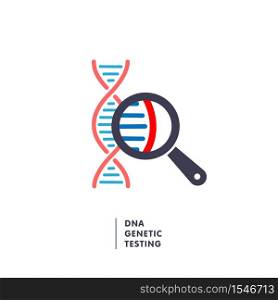 DNA, genetics testing icon. dna chain in magnifying glass sign. genetic engineering, cloning, paternity testing, DNA analysis. vector illustration. DNA, genetics research. dna chain in magnifying glass sign. genetic engineering, cloning, paternity testing, DNA analysis.