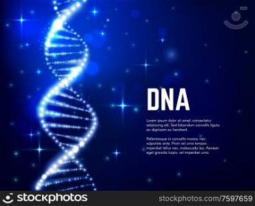 DNA glowing helix vector design of genetics science, medicine, biology and biotechnology. Blue molecule of DNA double helix with sparkling strands and atoms, bright sparkles and particles. Glowing DNA helix. Genetics science and medicine