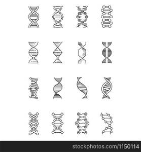 DNA helix linear icons set. Deoxyribonucleic, nucleic acid structure. Chromosome. Molecular biology. Genetic code. Thin line contour symbols. Isolated vector outline illustrations. Editable stroke