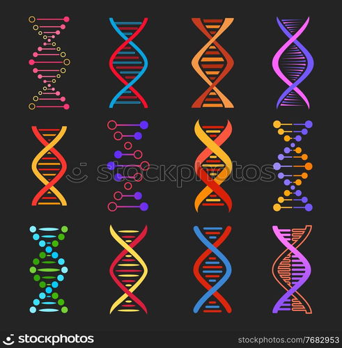 DNA helix vector icons of genetics medicine and biotechnology. Isolated molecules of DNA double strand, colorful chains of human chromosome, gene legacy and genome evolution design. DNA helix vector icons of genetics medicine