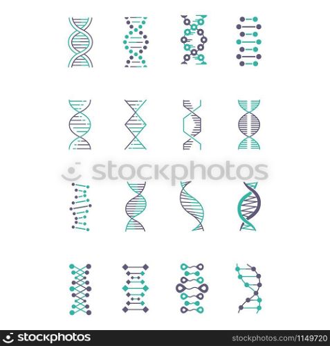 DNA helix violet and turquoise color icons set. Deoxyribonucleic, nucleic acid structure. Spiraling strand. Chromosome. Molecular biology. Genetic code. Genome. Genetics. Isolated vector illustrations