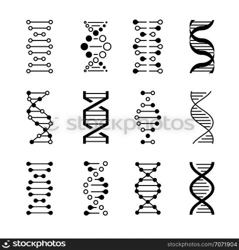 DNA icons. Genetic structure code, DNA molecule models isolated on white background. Genetic instructions vector symbols. DNA icons. Genetic structure code, DNA molecule models isolated on white background. Genetic vector symbols