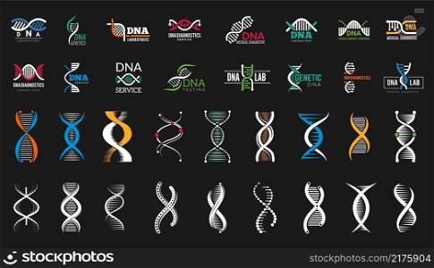 DNA icons. Medical genetic lab, science labels and biotechnology research symbols. People health vector elements. Illustration medical dna for lab biology science. DNA icons. Medical genetic lab, science labels and biotechnology research symbols. People health vector elements