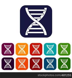 DNA icons set vector illustration in flat style in colors red, blue, green, and other. DNA icons set