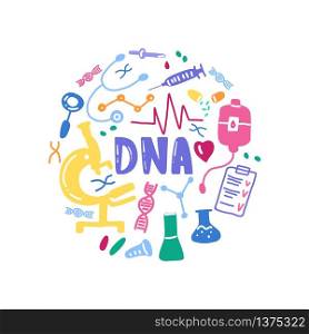 DNA lettering for posters, card. Vector scientific medical set template. Colorful hand drawing text with icons in circle
