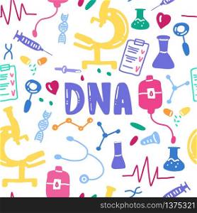 Dna lettering seamless pattern. Vector scientific medical background. Colorful hand drawing text with icons. Dna lettering seamless pattern. Vector scientific medical backgr