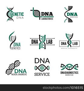 Dna logo. Genetic science symbols helix biotech vector business identity. Research medical biotech, molecule and dna logo illustration. Dna logo. Genetic science symbols helix biotech vector business identity