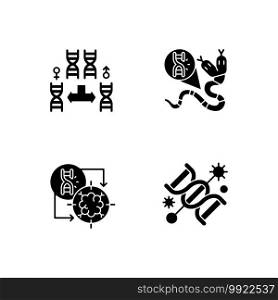 DNA manipulation black glyph icons set on white space. Chromosome division. Genetic mutation. Gene silencing. Life reproduction. Genetic engineering. Silhouette symbols. Vector isolated illustration. DNA manipulation black glyph icons set on white space