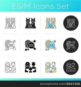 DNA manipulation icons set. Heredity, human reproduction. Family generation. DNA fingerprinting. Organism cloning. Linear, black and RGB color styles. Isolated vector illustrations. DNA manipulation icons set