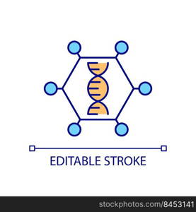 DNA molecule RGB color icon. Scientific research. Chain structure. Inheritance code. Biochemistry. Isolated vector illustration. Simple filled line drawing. Editable stroke. Arial font used. DNA molecule RGB color icon