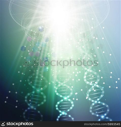 DNA molecule structure on a green background. Science vector background. DNA molecule structure on a green background. Science vector background.