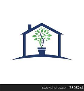 DNA plant with home shape vector logo design. Organic DNA vector logo design concept.	