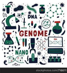 DNA research vector illustration with colorful elements. Hand drawn genome symbols.