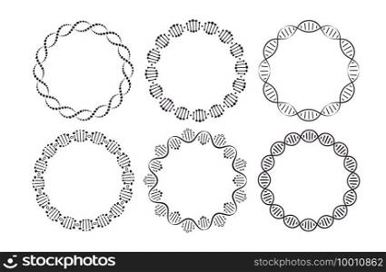 DNA round frames. Circle framing with genome helix structure isolated on white background vector set. Six pattern brushes in panel. Molecular round border for science, biology or medicine. DNA round frames. Circle framing with genome helix structure isolated on white background vector set. Six pattern brushes in panel