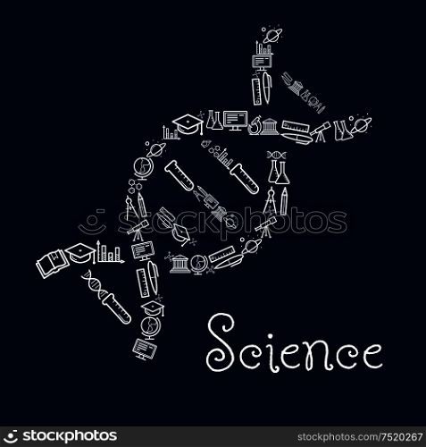 DNA silhouette with university, school, book, pencil, microscope, laboratory flask, globe, computer, formula, telescope, planet symbols. Education, science themes design. DNA symbol with education and science icons