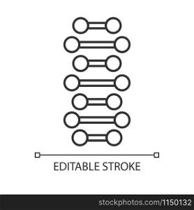 DNA spiral chains linear icon. Connected dots, lines. Deoxyribonucleic, nucleic acid helix. Genetic code. Thin line illustration. Contour symbol. Vector isolated outline drawing. Editable stroke