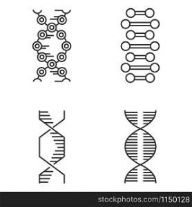 DNA spiral chains linear icons set. Deoxyribonucleic, nucleic acid helix. Molecular biology. Genetic code. Genetics. Thin line contour symbols. Isolated vector outline illustrations. Editable stroke