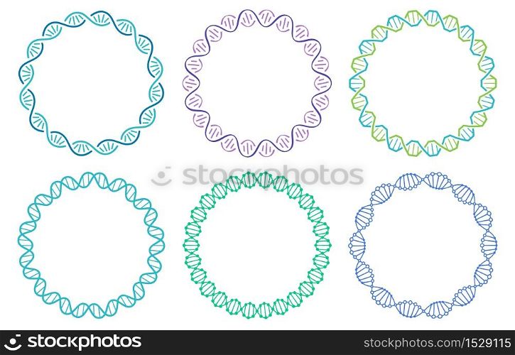 DNA spiral frame set. Human genome helix isolated on white background. Genetic concept for science or medicine. Colorful molecule border for biology or biotechnology vector illustration. DNA spiral frame set. Human genome helix isolated on white background. Genetic concept for science or medicine
