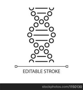 DNA spiral linear icon. Connected dots, lines. Deoxyribonucleic, nucleic acid helix. Chromosome. Genetic code. Thin line illustration. Contour symbol. Vector isolated outline drawing. Editable stroke
