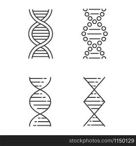 DNA spiral strands linear icons set. Deoxyribonucleic, nucleic acid helix. Molecular biology. Genetic code. Genetics. Thin line contour symbols. Isolated vector outline illustrations. Editable stroke