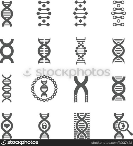 DNA spiral vector black icons set for chemistry or biology concepts. DNA spiral vector black icons. Biology genetic signs and dna molecule symbols for chemistry or biology