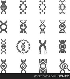 DNA spiral vector black icons set for chemistry or biology concepts. DNA spiral vector black icons. Biology genetic signs and dna molecule symbols for chemistry or biology