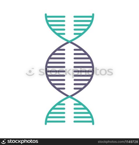 DNA spiral violet and turquoise color icon. Deoxyribonucleic, nucleic acid helix. Spiraling strands. Chromosome. Molecular biology. Genetic code. Genome. Genetics. Isolated vector illustration