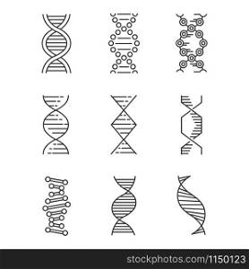 DNA spirals linear icons set. Deoxyribonucleic, nucleic acid helix. Molecular biology. Genetic code. Genetics. Thin line contour symbols. Isolated vector outline illustrations. Editable stroke