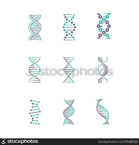 DNA spirals violet and turquoise color icons set. Deoxyribonucleic, nucleic acid helix. Spiraling strands. Chromosome. Molecular biology. Genetic code. Genome. Genetics. Isolated vector illustrations