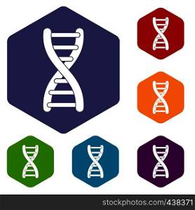 DNA strand icons set hexagon isolated vector illustration. DNA strand icons set hexagon