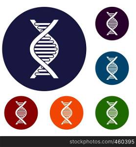 DNA strand icons set in flat circle reb, blue and green color for web. DNA strand icons set