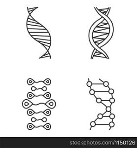 DNA strands linear icons set. Deoxyribonucleic, nucleic acid helix. Molecular biology. Genetic code. Genetics. Thin line contour symbols. Isolated vector outline illustrations. Editable stroke