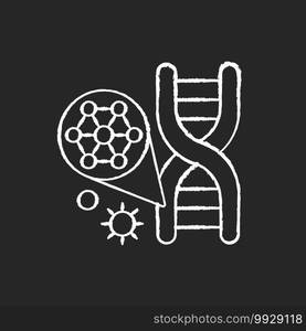 DNA structure chalk white icon on black background. Chromosome examination. Microbiology experiment. Biotechnology research. Genetic engineering. Isolated vector chalkboard illustration. DNA structure chalk white icon on black background