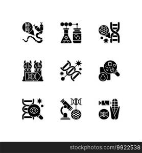 DNA structure experiment black glyph icons set on white space. Genetic mutation. Genetically modiheredityfied organism. Microbiology analysis. Silhouette symbols. Vector isolated illustration. DNA structure experiment black glyph icons set on white space