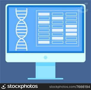 Dna symbol and geometric icons, screen of monitor with spiral object, biotechnology in wireless device. Pc equipment with medical report, app vector. Screen of Pc with Dna Report, Medical App Vector