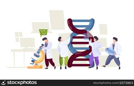 Dna technology. Scientists learning biological genetics integrative dna research laboratory characters garish vector concept background. Dna research, genetic medicine experiment illustration. Dna technology. Scientists learning biological genetics integrative dna research laboratory characters garish vector concept background