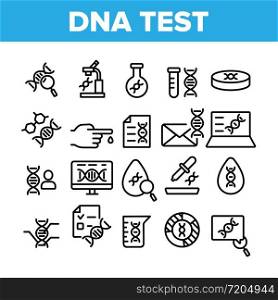 Dna Test Collection Elements Icons Set Vector Thin Line. Medicine Science And Genetics, Diagnostic Equipment And Medical Tools For Test Concept Linear Pictograms. Monochrome Contour Illustrations. Dna Test Collection Elements Icons Set Vector