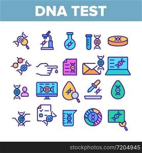 Dna Test Collection Elements Icons Set Vector Thin Line. Medicine Science And Genetics, Diagnostic Equipment And Medical Tools For Test Concept Linear Pictograms. Color Contour Illustrations. Dna Test Collection Elements Icons Color Set Vector